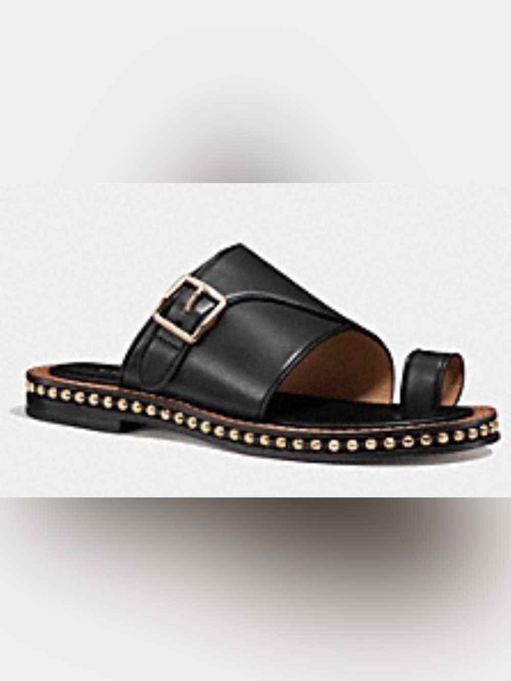 COACH $275 Alexa Black Leather Gold Studs Slide Sandal w/ Gold Buckle Womens 7.5